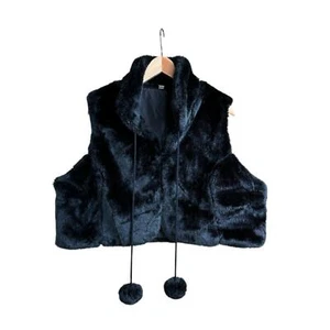 FAUX FUR BLACK VEST WITH POM POM TASSELS HOOK CLOSURE STAND UP COLLAR SIZE L - Picture 1 of 11