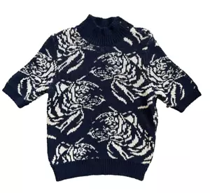 MAEVE Anthropologie *Divendra Navy White Mock Neck S/S Knit Sweater Size Small - Picture 1 of 7