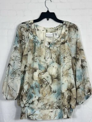 Alfred Dunner Top Womens 16 Brown Teal Floral 3/4 Sleeve Scoop Neck Shirred (K) - image 1 of 4