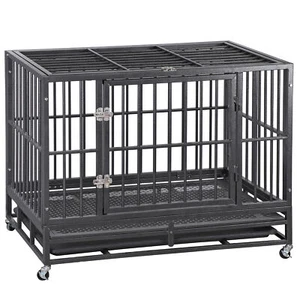 38" Metal Dog Crate Folding Dog Kennel Heavy Duty Dog Cage w/Wheels & Tray Black - Picture 1 of 14