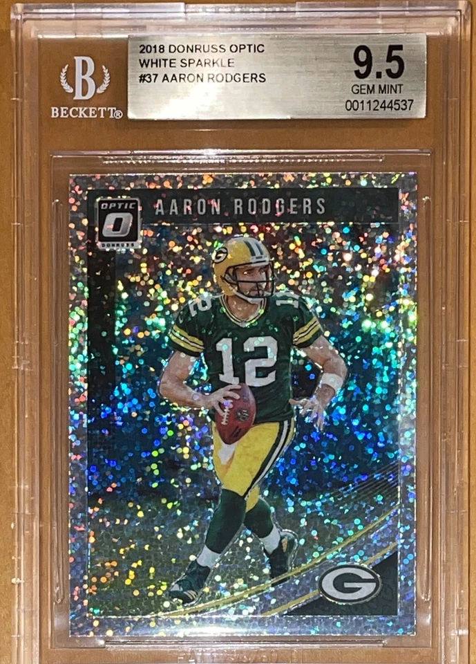 Pop 1 of 1🔥Aaron Rodgers 2018 Donruss OPTIC WHITE SPARKLE PRIZM /20 #37 BGS 9.5 - Image 1 of 4