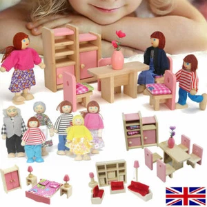 Doll House Furniture Wooden Set People Family Dolls Toy For Kid Children Gifts - Picture 1 of 23