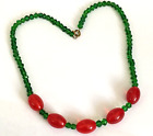 VINTAGE ALL GLASS BEAD GREEN RED STUNNING NECKLACE 16" DIFFERENT MUST SEE
