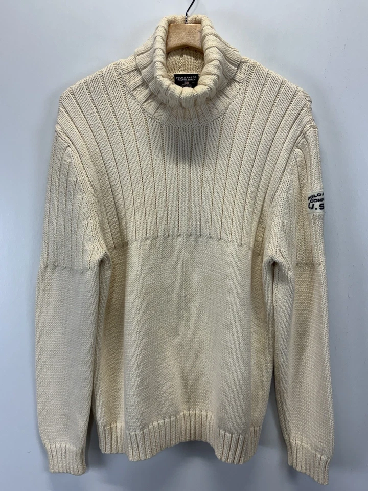 Vtg Polo Jeans Co Turtleneck Sweater Sz X-Large Mens Cream Chunky Nautical Y2K  - Image 1 of 4