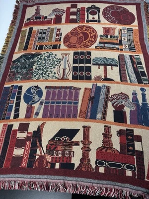 VTG - Goodwin Weavers Cotton Tapestry Fringe Throw Blanket Library Books 64x48 - Image 1 of 4
