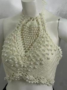 Handarbeit Häkel Perlen Perlen Neckholder Top Boho Festival Crop Top weiß - Bild 1 von 6