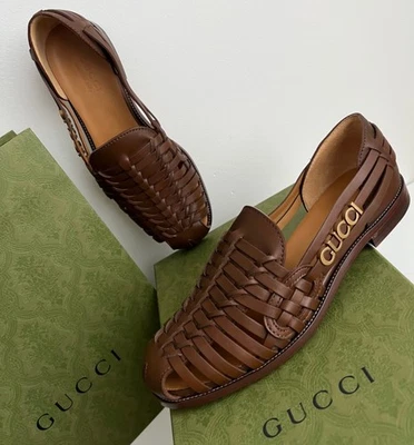 Gucci Zapatos de Cuero Marrón Sandalias Especiales A Medida GUCCI Letras de Metal Talla 8 1/2 Foto 1 de 4