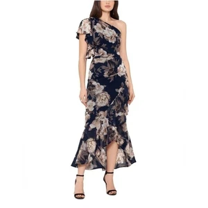 Betsy & Adam Midi One Shoulder Chiffon Navy Floral Dress Size 2 - Picture 1 of 11