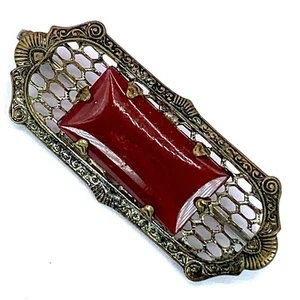 Antique Brooch Bar Pin C Clasp Ornate Red/Orange 1.75" Long - Picture 1 of 9