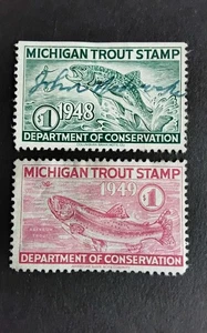 Revenue Stamp (2) Michigan Trout Stamp 1948-49 'Light Used' - Picture 1 of 3