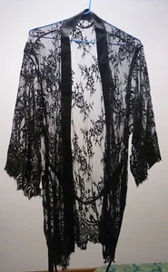 HANKY PANKY LACEY 3/4 SLEEVE LADIES BLACK KIMONO/ROBE - SIZE L - LIKE NEW - Picture 1 of 5