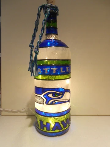 Seattle Seahawks Inspired Bottle Lamp hand painted Stained Glass look lighted Cover