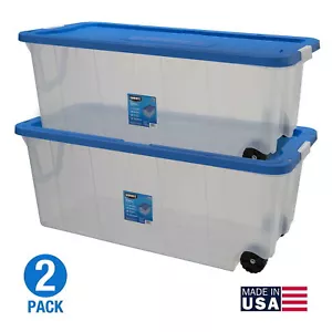 200 Quart Latching Rolling Plastic Storage Bin Container Clear Set of 2 Indoor - Picture 1 of 16