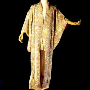 61" Vintage Japonés Kimono de seda Flores ondulado de oro tejido fino tela inusitado