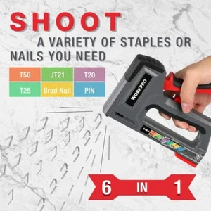 WORKPRO 6-in-1 Staple Gun w/4000 Counts Staples Stapler Nails Manual Brad Nailer - Picture 1 of 8