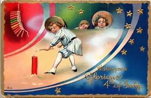 Vintage Postcard Scared Little Boy Lights Big Firecracker While 2 Kids Watch - Picture 1 of 2