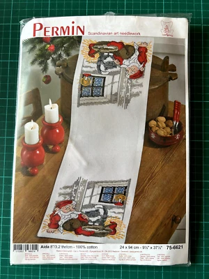 Xmas Table Runner Cross Stitch Kit - SLEEPY SANTA - Permin 75-6621 - 24cm x 94cm - Image 1 of 3