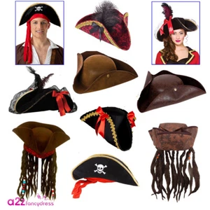 Pirate Hats Adults Fancy Dress Pirates Hat and Braid Caribbean Buccaneer Tricorn - Picture 1 of 18