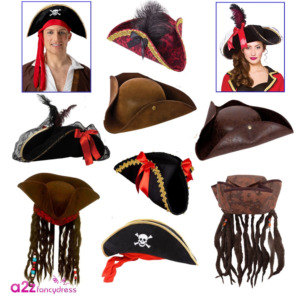 Pirate Hats Adults Fancy Dress Pirates Hat and Braid Caribbean Buccaneer Tricorn