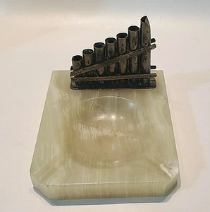 Vintage Green Onyx Ashtray Silver Cigarette Holder Signed Home Decor - Picture 1 of 9