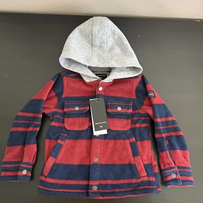 Quiksilver Surf Days Hooded Fleece Shirt Boys 2 Red Striped Snap Long Sleeve NWT - Image 1 of 4