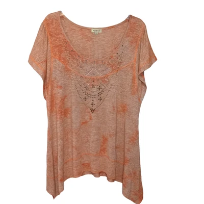 Blusa túnica One World talla 1X naranja tachonada manga corta boho hippie terrosa Foto 1 de 4