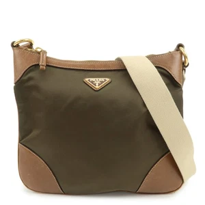 PRADA Triangle Logo Nylon Leather Crossbody Shoulder Bag Khaki Auth Used F/S - Picture 1 of 22