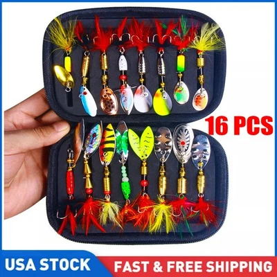 16PCS Lot Fishing Lures Bait Metal Crankbait Blade Spinner Bait Spoon Bag Kit US - Image 1 of 4