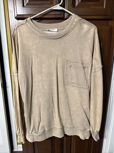 Zenana Acid Wash French Terry Sweatshirt M Beige Cottage Boho Indie - Picture 1 of 3