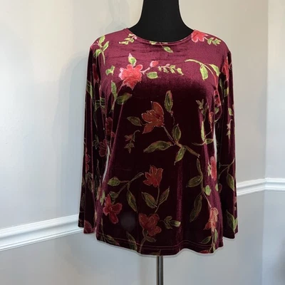 Blusa Top Para Mujer Notations Talla L Floral Borgoña Terciopelo Burnout Manga Larga Foto 1 de 4