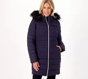 Nuage REGULAR Stretch Puffer Coat w/Removable Faux Fur Trim Hood NAVY,side vents - Picture 1 of 7
