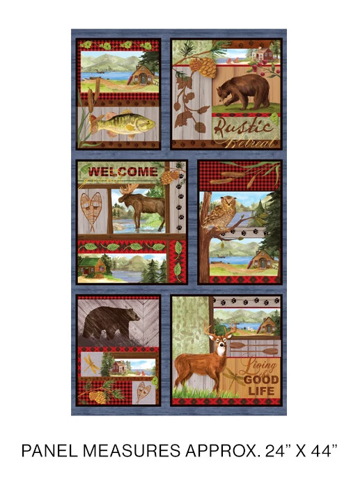 24" X 44" Panel Rustic Retreat Cottage Bears Animals Deer Fabric Panel D564.53 - Image 1 of 1