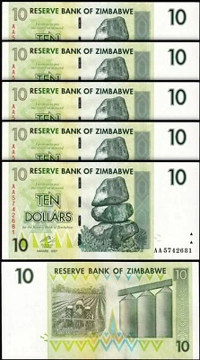 Zimbabwe 10 Dollars 2007 2008, UNC, 5 Pcs LOT, P-67, Prefix AA - Image 1 of 4