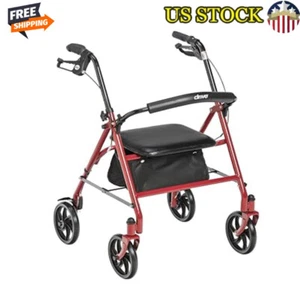 Rollator Walker Seat Adjustable Height 7.5" Wheels Basket Pouch Steel Red New - Picture 1 of 7