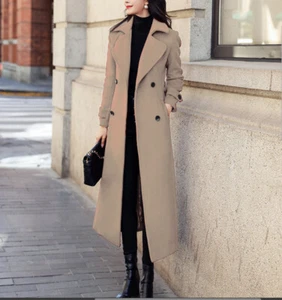Womens Trench Wool Blend Double Breasted Lapel Collar Outwear Slim Long Overcoat - Picture 1 of 30