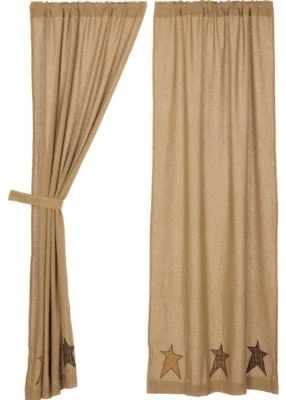 84" L Rustic Burlap Curtains Tan w/ Primitive Star Patches & 2 Tiebacks Stratton - Image 1 of 4