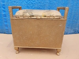 Vintage Dark Gold Woven Loom Storage Stool Ottoman – Rattan Panel Seat - Picture 1 of 8
