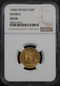 1848A France 20 Francs - Republic - NGC AU 58 - .900 Gold - First Year Coin! - Picture 1 of 4