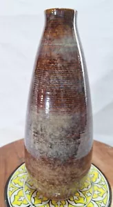 Studio Crafted Stoneware Textured Brown Glazed Vase Signed 11 " Tall - Picture 1 of 3