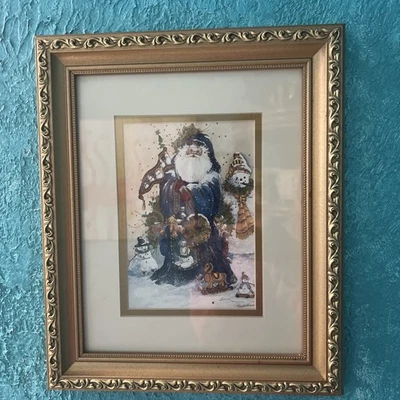 Vintage PEGGY ABRAMS SANTA  AND SNOWMAN Print Framed And Matted 10” X 12” - Image 1 of 4