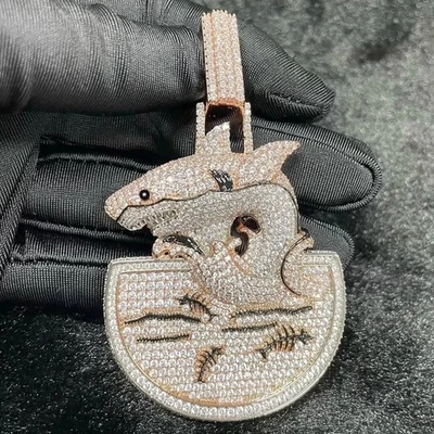 4Ct Round Cut Moissanite Swing Shark Black Enamel Pendant 14K Yellow Gold Plated - image 1 of 4