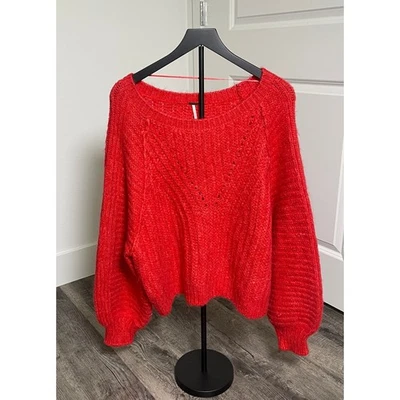 NWOT Free People Womens Red Large Chunky Knit Balloon Sleeve Sweater Boho Soft - Image 1 of 4