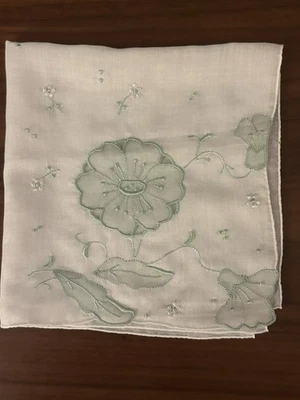 Vintage Madeira Linen White Green Embroidered Flowers Handkerchief Hankie w/ Tag - Image 1 of 4