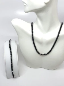 Vtg Crown Trifari Channel Necklace & Bracelet Set Black Rhinestones Silver Tone - Imagen 1 de 9