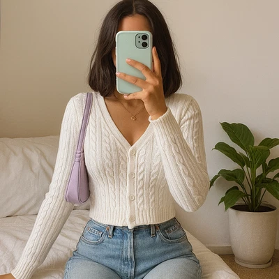 Hollister Cropped Cable Knit Cardigan Sweater Womens Small Preppy Balletcore Y2K - Image 1 of 4