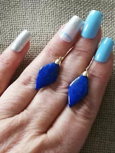 Stunning Vtg Natural lapis lazuli drop dangle solid 9ct Yellow gold earrings - Picture 1 of 6