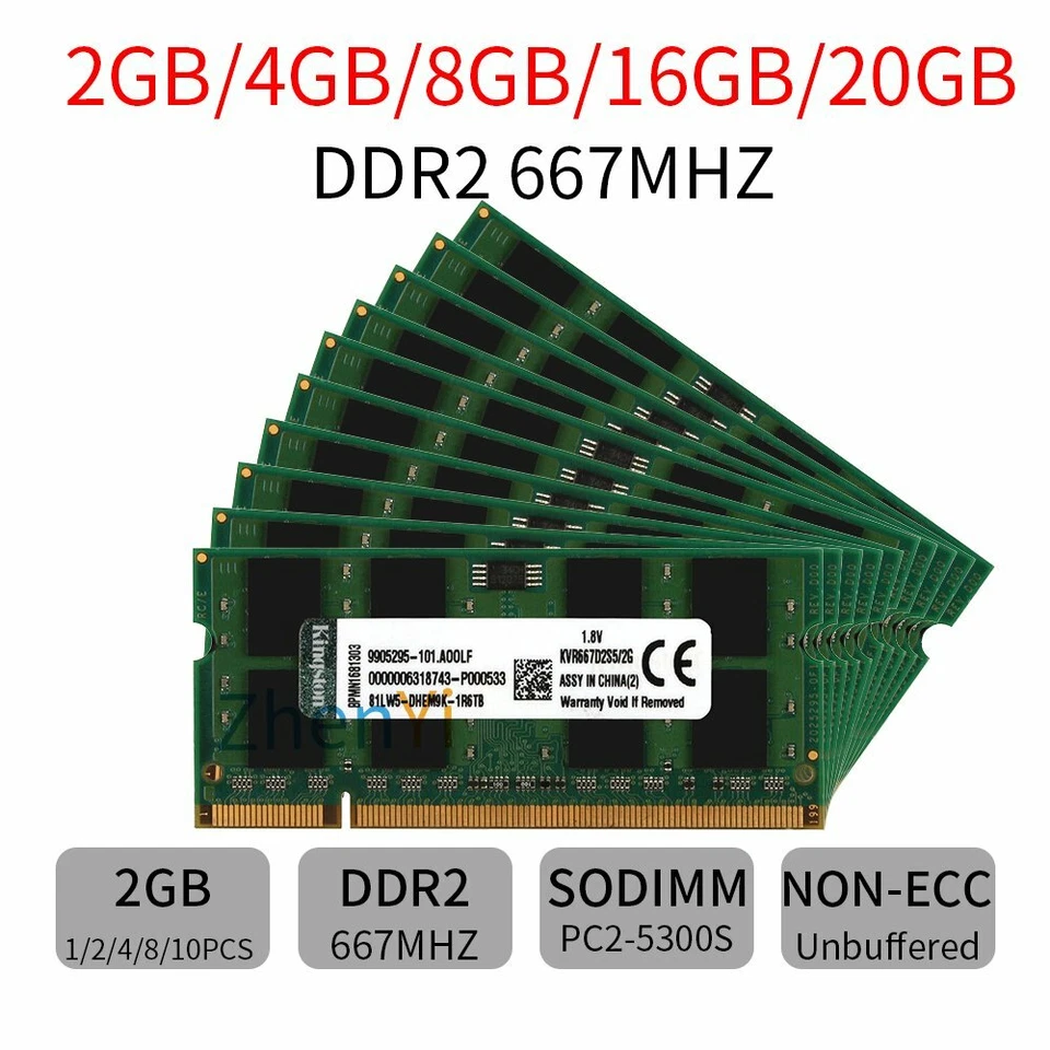 20GB 16GB 8GB 4GB 2GB DDR2 667MHz KVR667D2S5/2G Laptop Memory SDRAM Kingston LOT - Image 1 of 4