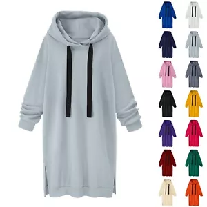 Women's Fashion Solid Color Long Hooded Padded Dress Long Sleeve Sweatshirt - Picture 1 of 54