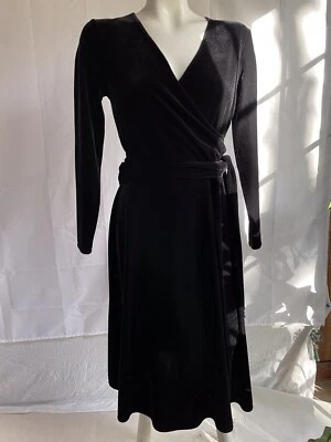 Talbots Black Velvet Faux Wrap Dress 6 Petite Vintage Tie Midi Stretch V Neck - Image 1 of 4