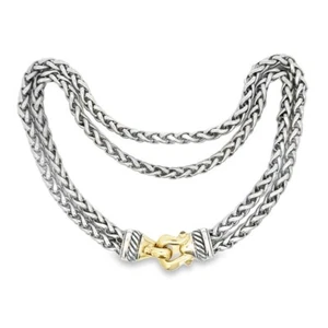 David Yurman Silver & 14K Gold Double Wheat Link Necklace w/ Garnet Buckle Clasp - Picture 1 of 5
